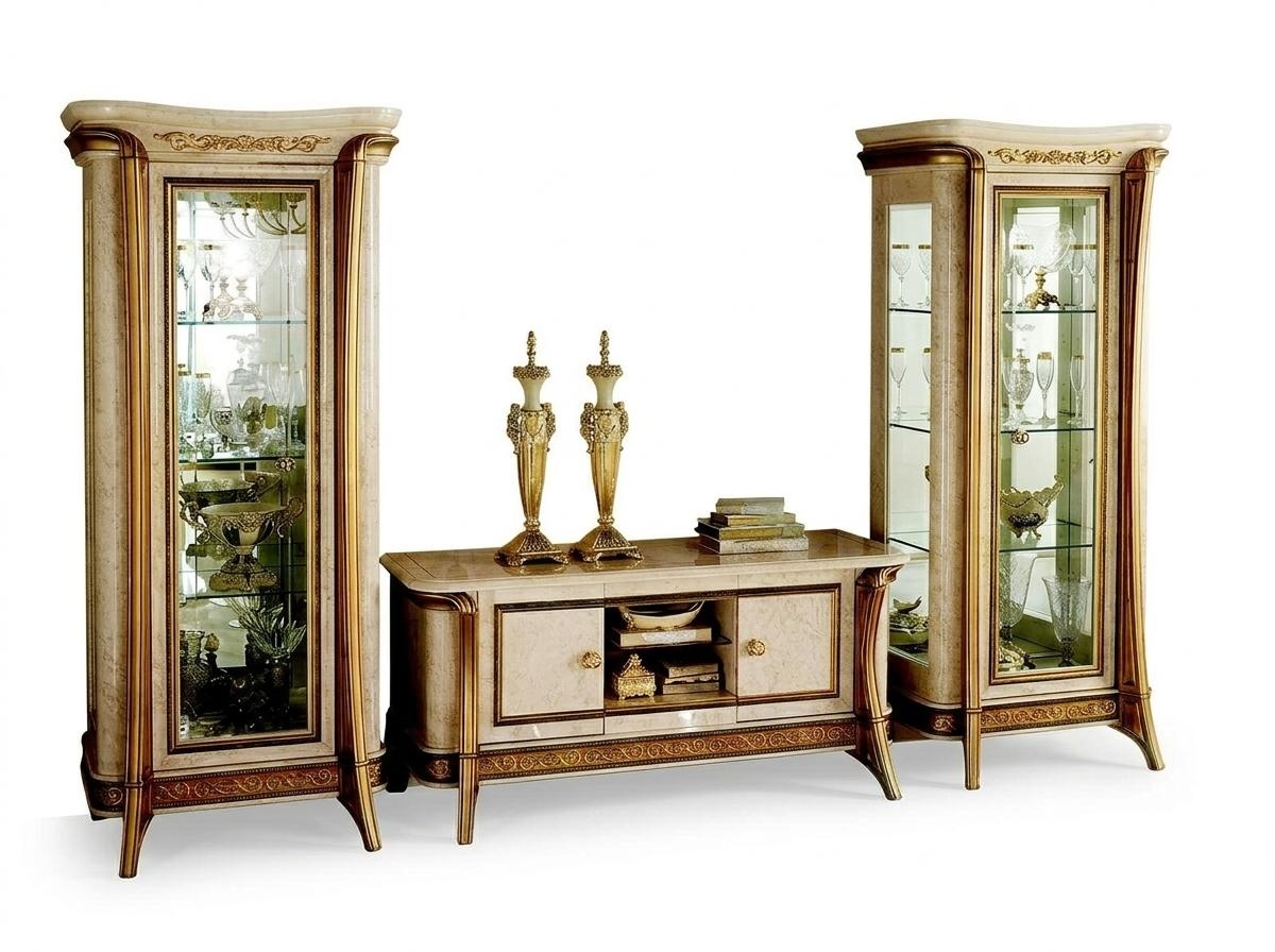 Italian living room wall unit of 2x glass showcase & TV lowboard with shelves in art nouveau style