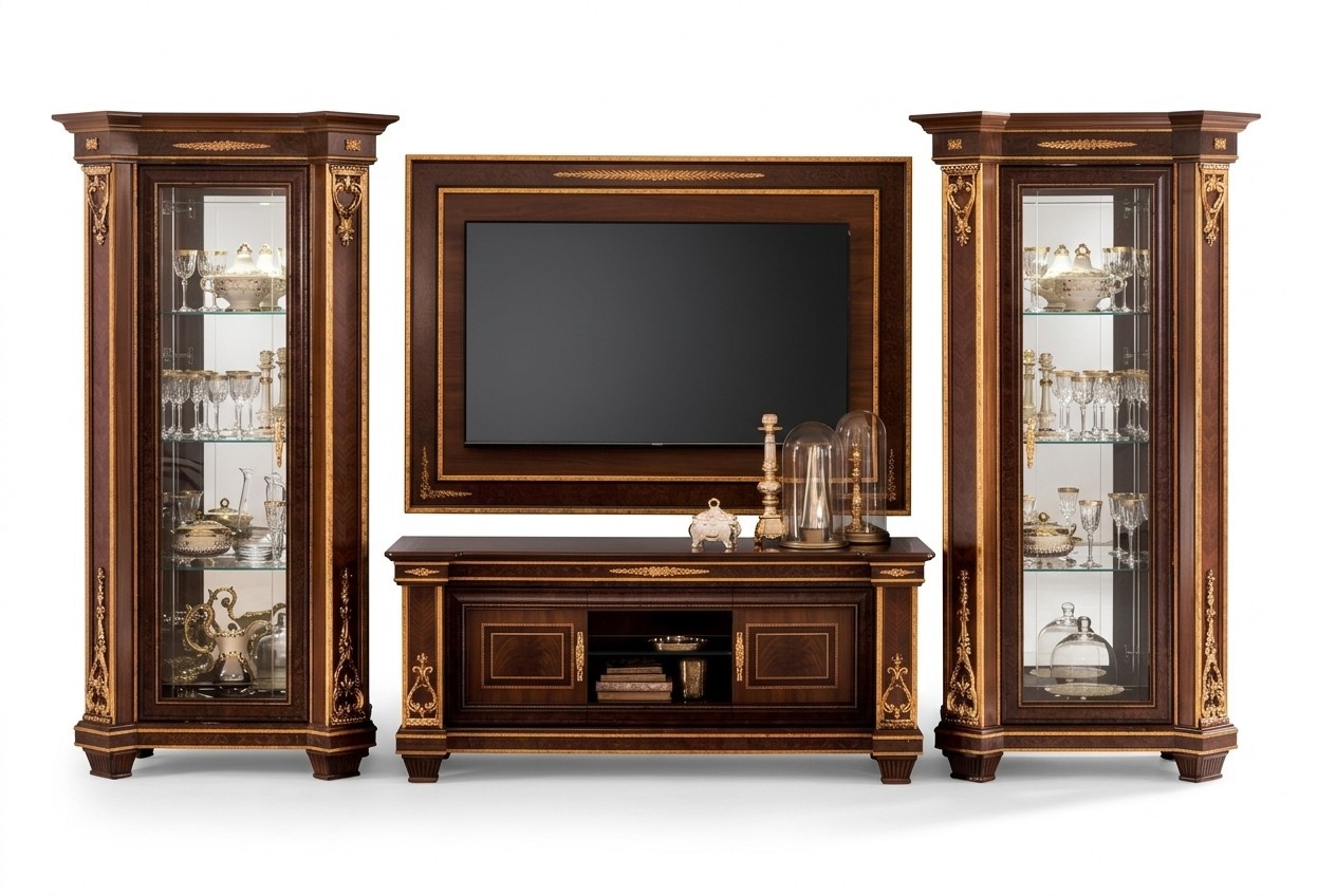 Living room wooden TV lowboard with swing doors & shelves in classic baroque style arredoclassic
