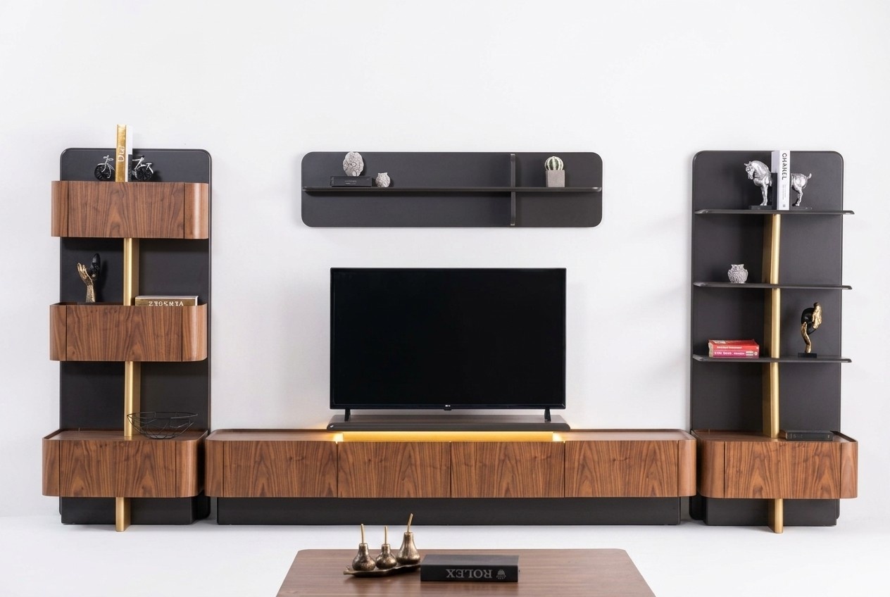 Living room wall TV stand sideboard RTV lowboard shelves cabinet wood brown