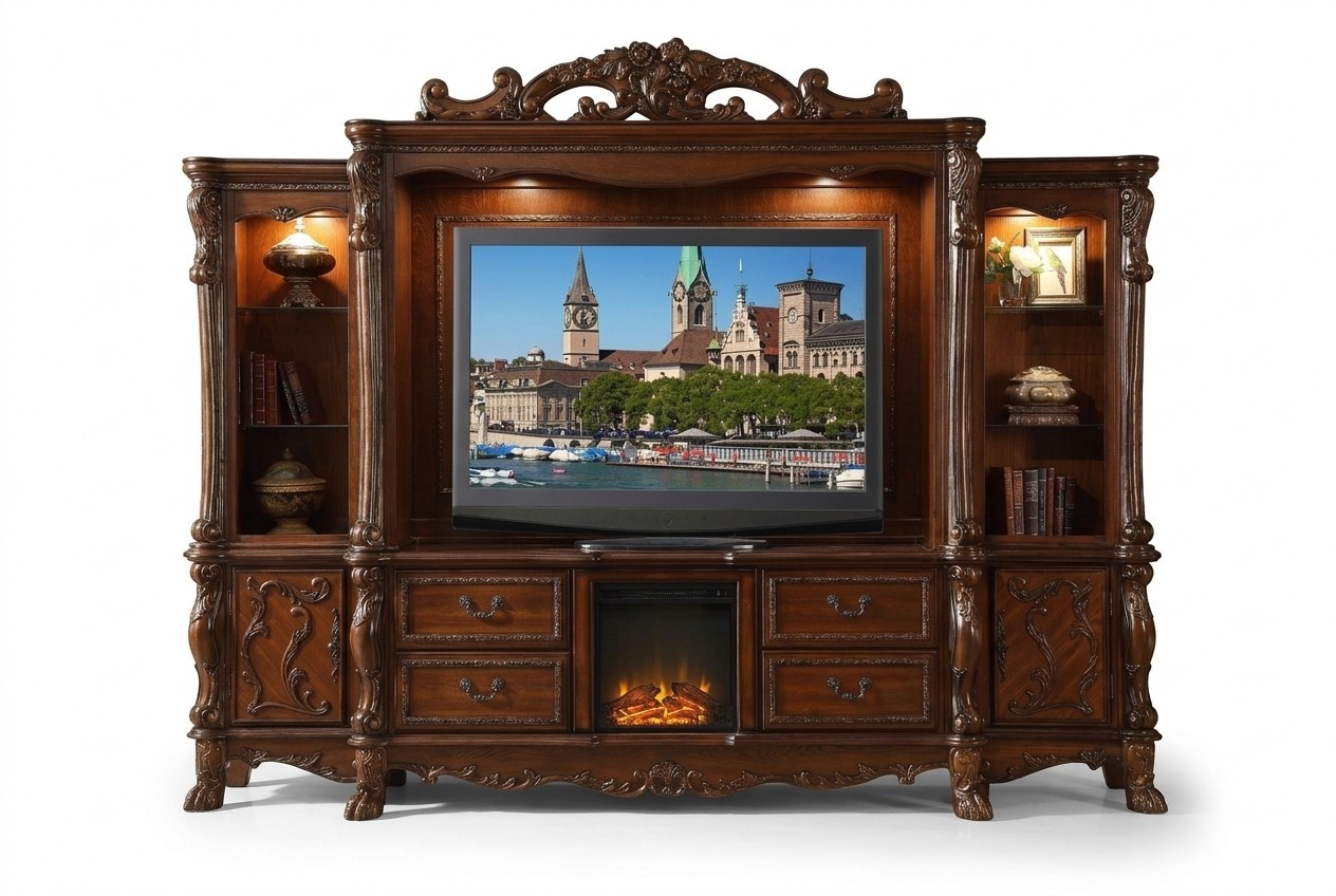 Living Wall TV Wall Wood Style Baroque Shelf Classic Living Room Furniture Cabinet New