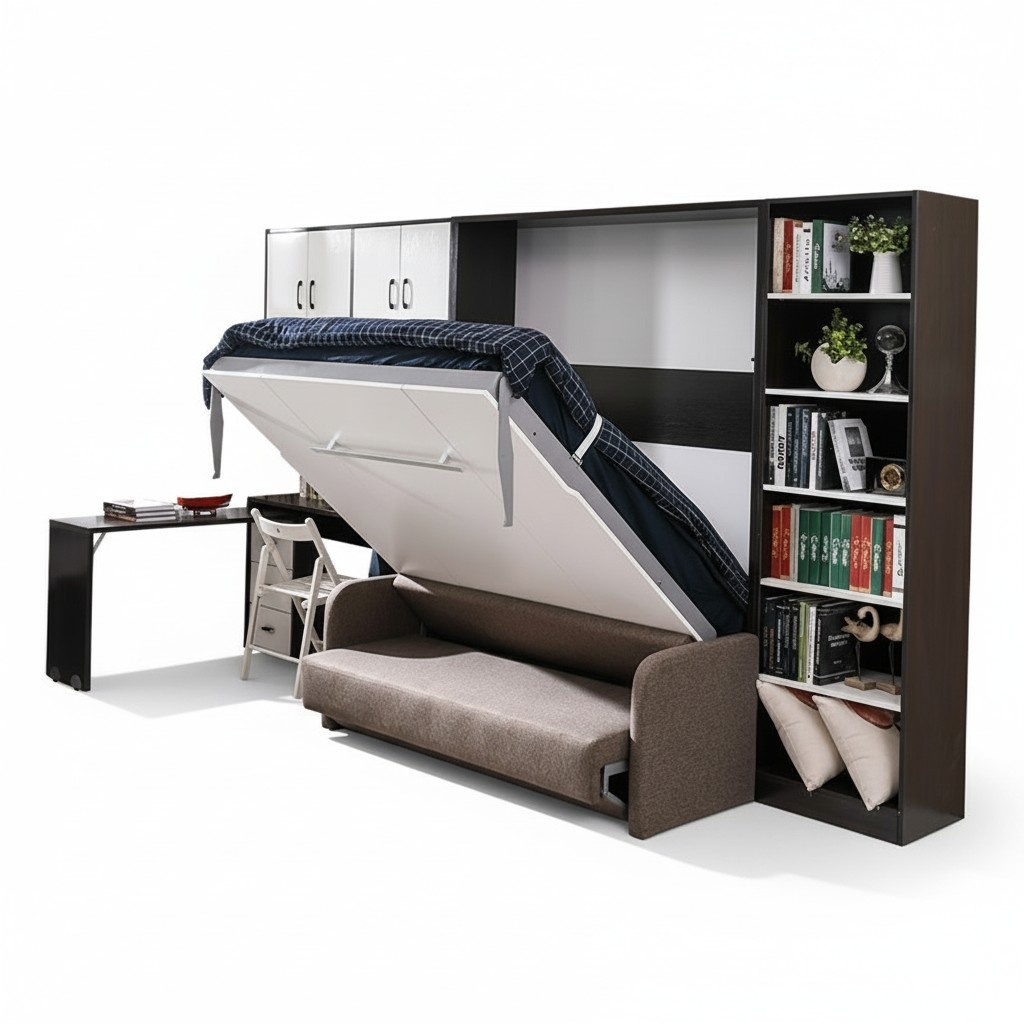 Wardrobe Bed with Sofa Upholstery Wall Cabinets Sleep Bed Folding Furniture + Couch New
