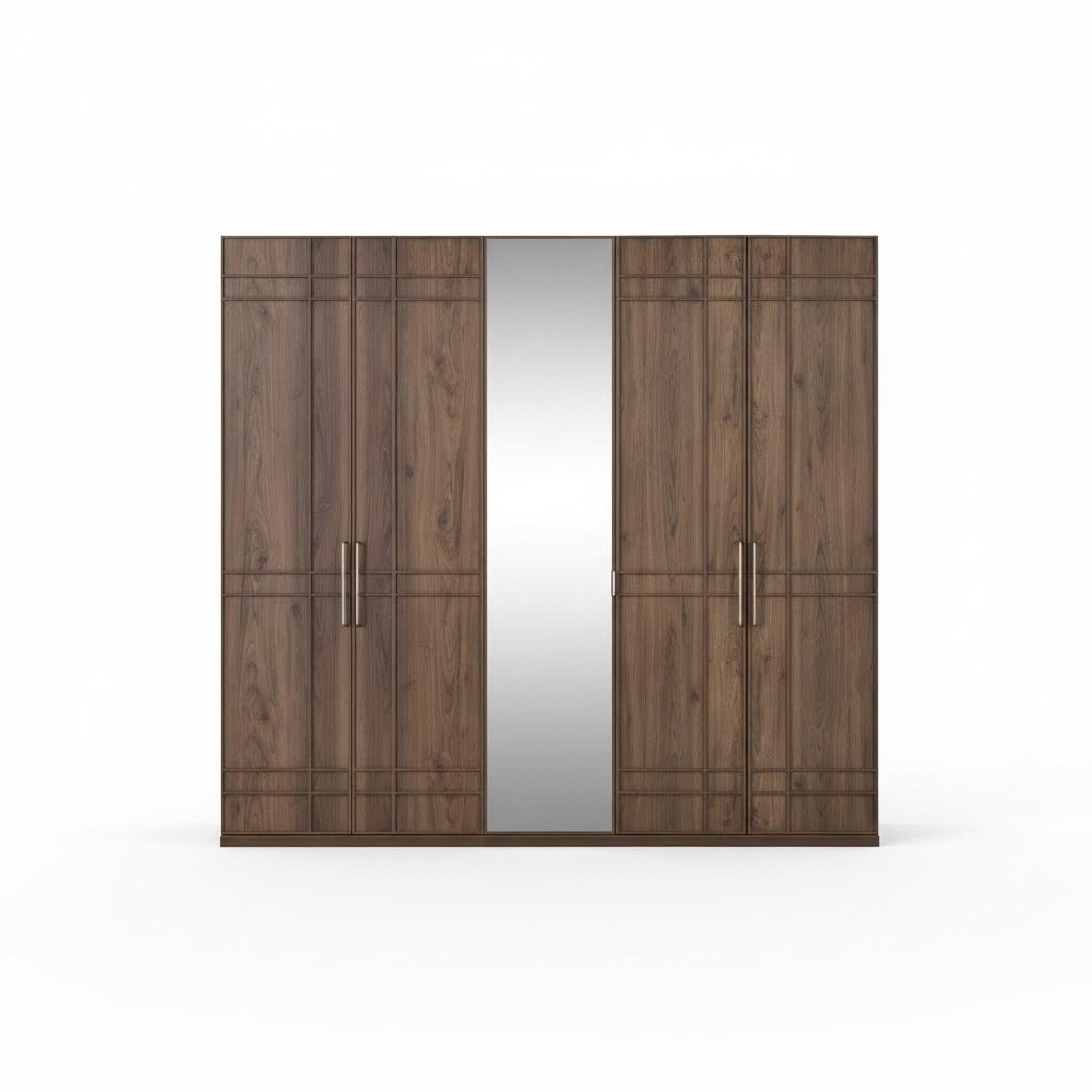 Wardrobe Wardrobe Bedroom wardrobe Brown wood Mirror 5 doors