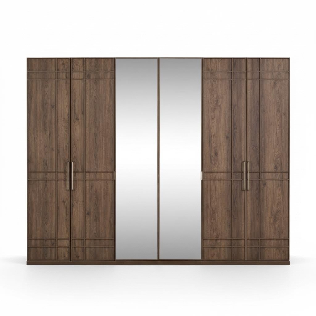 Wardrobe Bedroom wardrobe Wardrobe brown wood mirror 6 doors