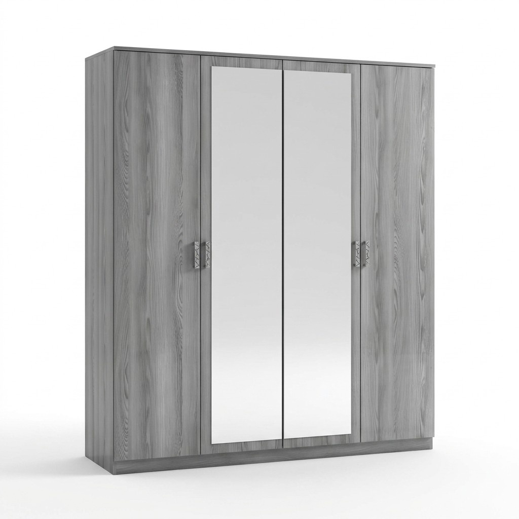 Modern style designer massive wardrobe with mirrors & 4-swing doors made of real wooden frame