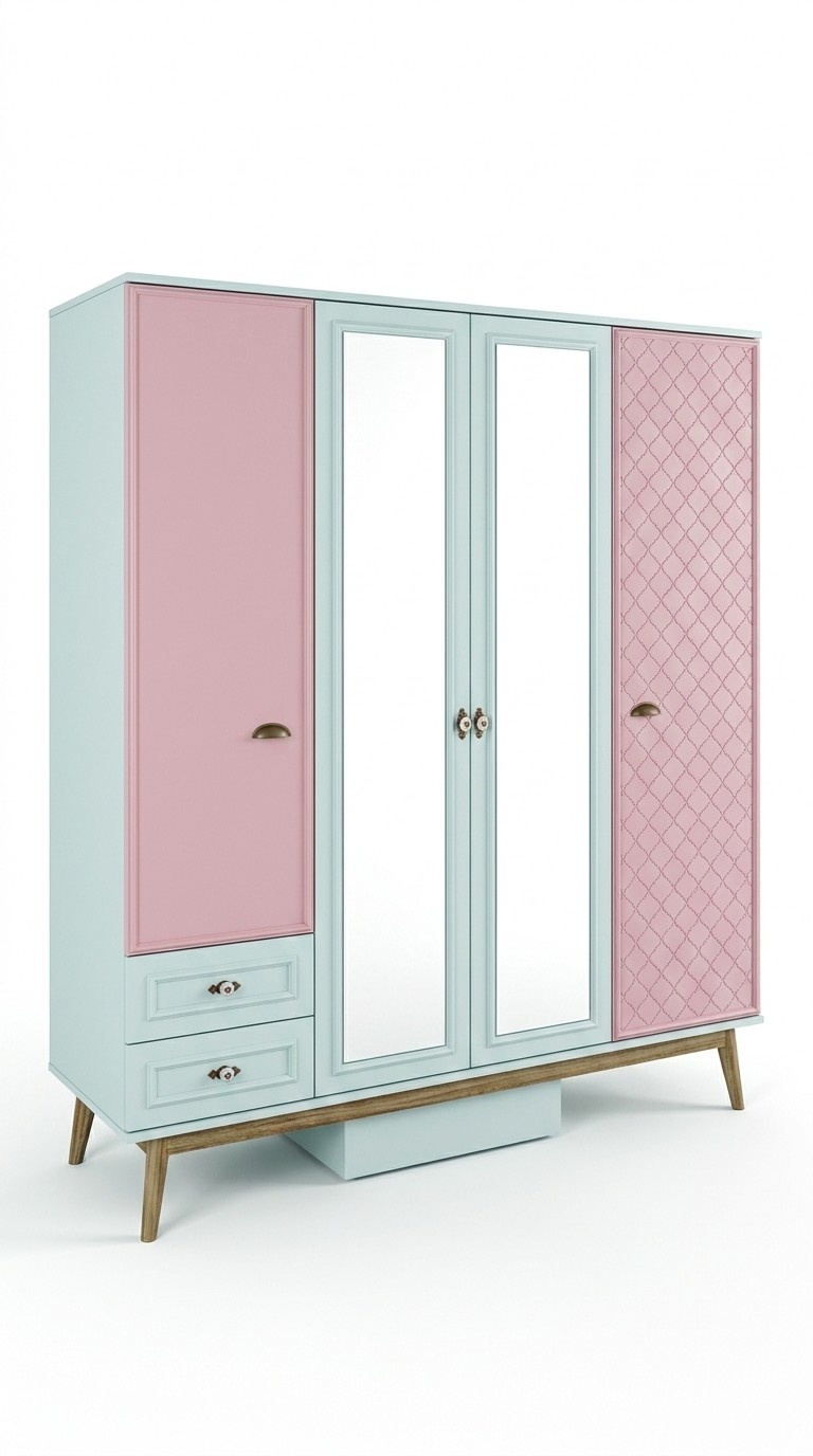 Wardrobe children\'s room cabinets multipurpose wooden 4-door pink wardrobe
