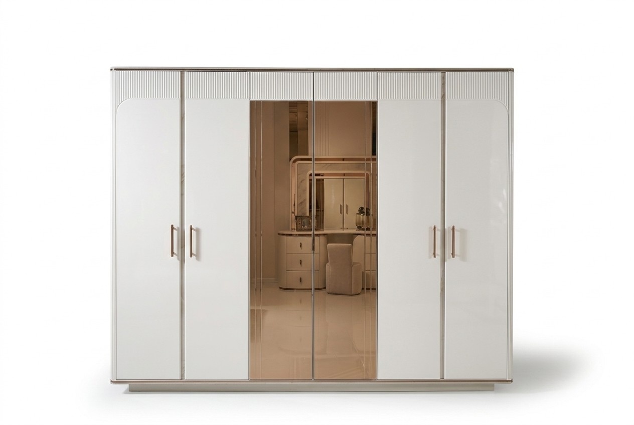 Wooden wardrobe in white, elegant modern style.