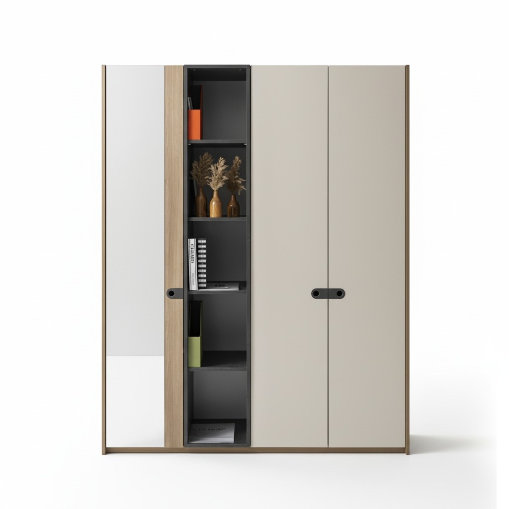 Modern wardrobe with mirror, open shelving, stylish organization for children\'s room.