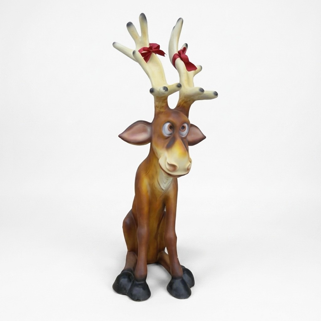 Decorative sculpture designed as a light brown sitting funny cartoon reindeer 100cm