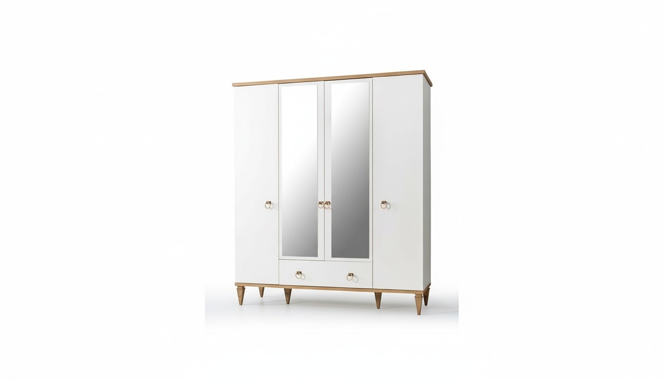 White 4 Door Glass Wardrobe Modern Bedroom Cabinets Wooden Furniture