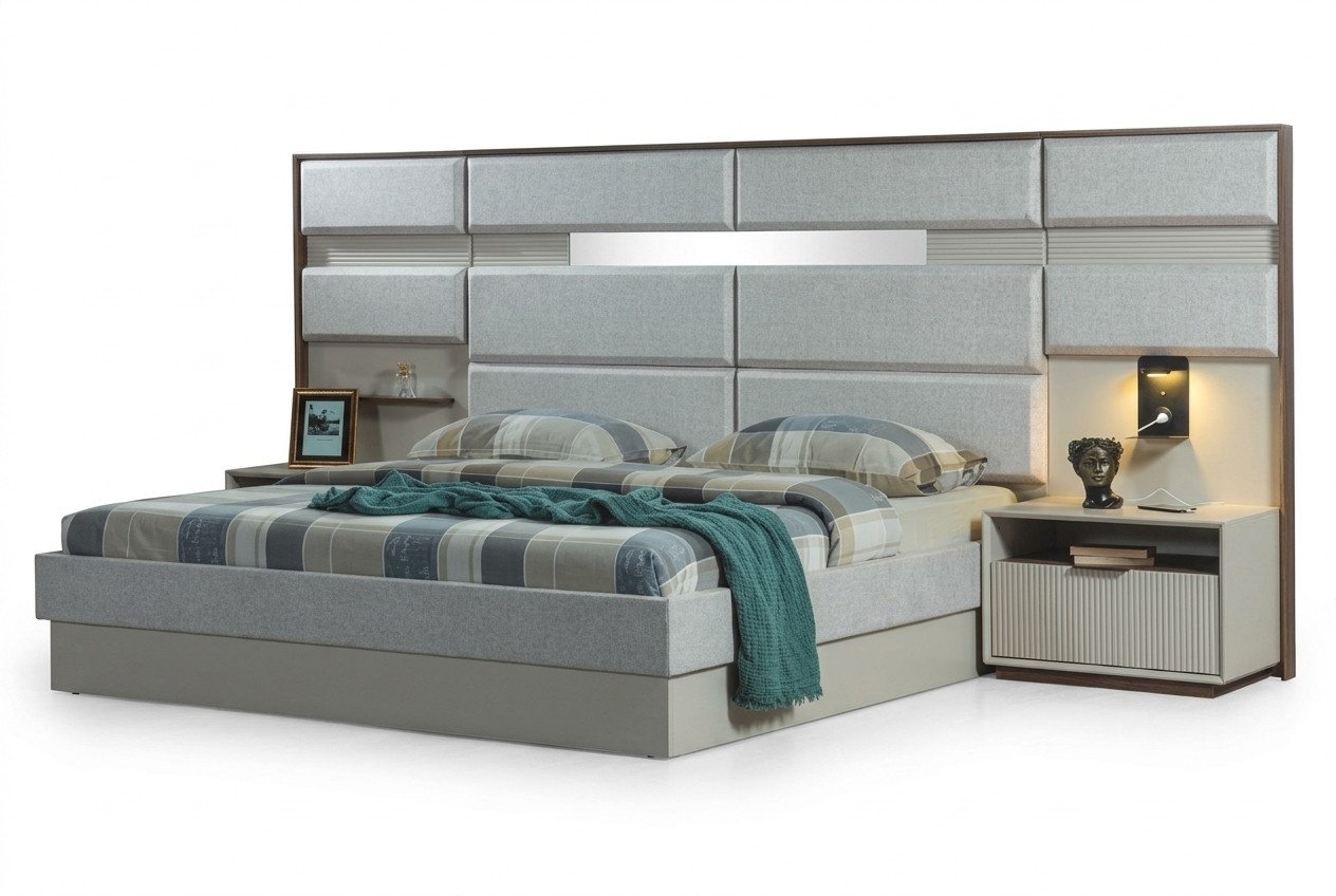 White bedroom furniture designer double bed luxury 2x wooden bedside tables