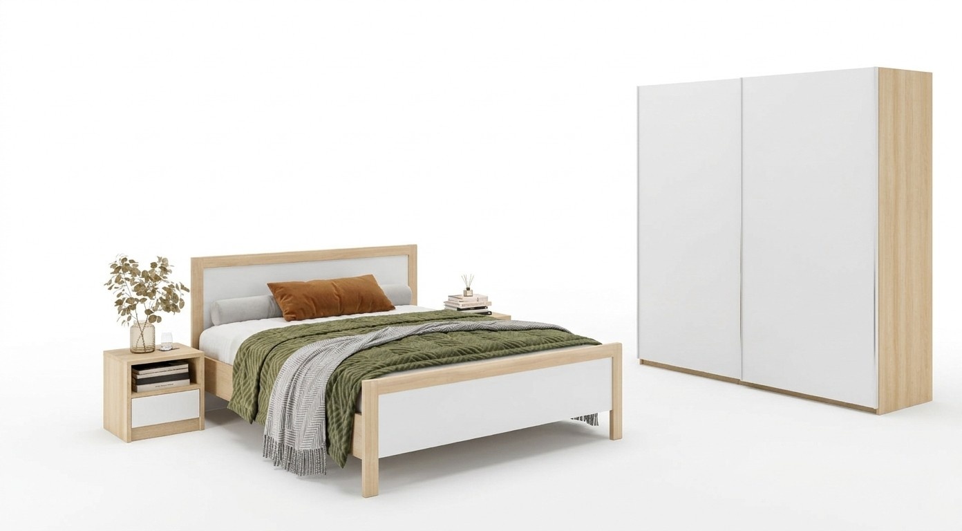 White bedroom furniture Luxury bed Bedside tables Large closet