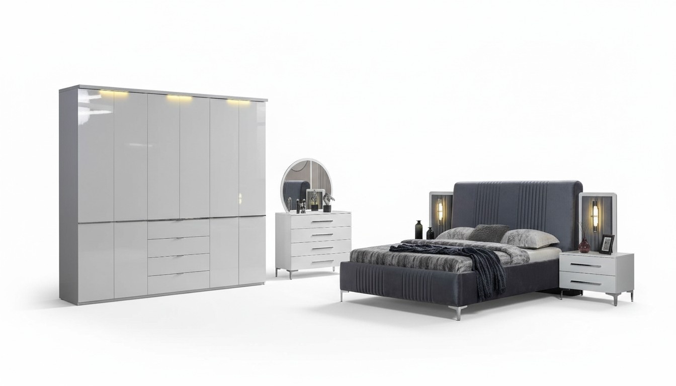 White bedroom furniture Textile bed Large wardrobe Bedside tables