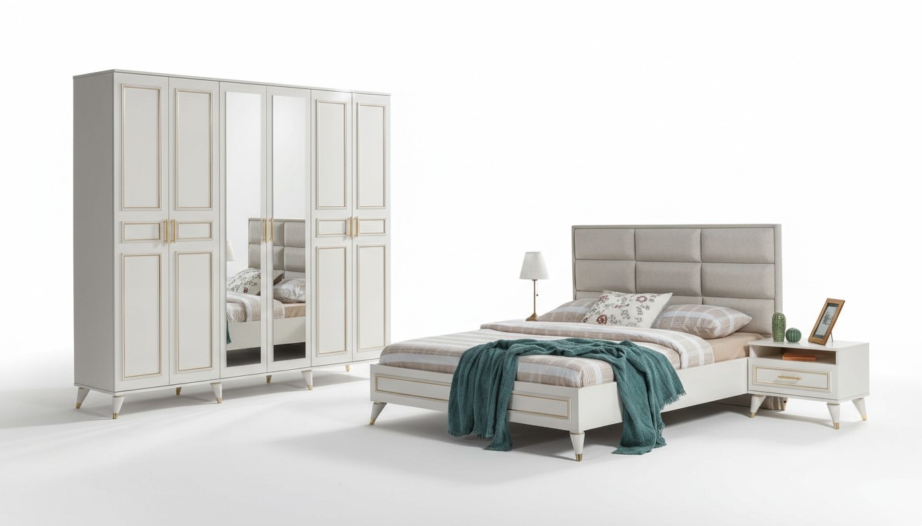 White bedroom furniture wood glass cabinet textile double bed bedside tables