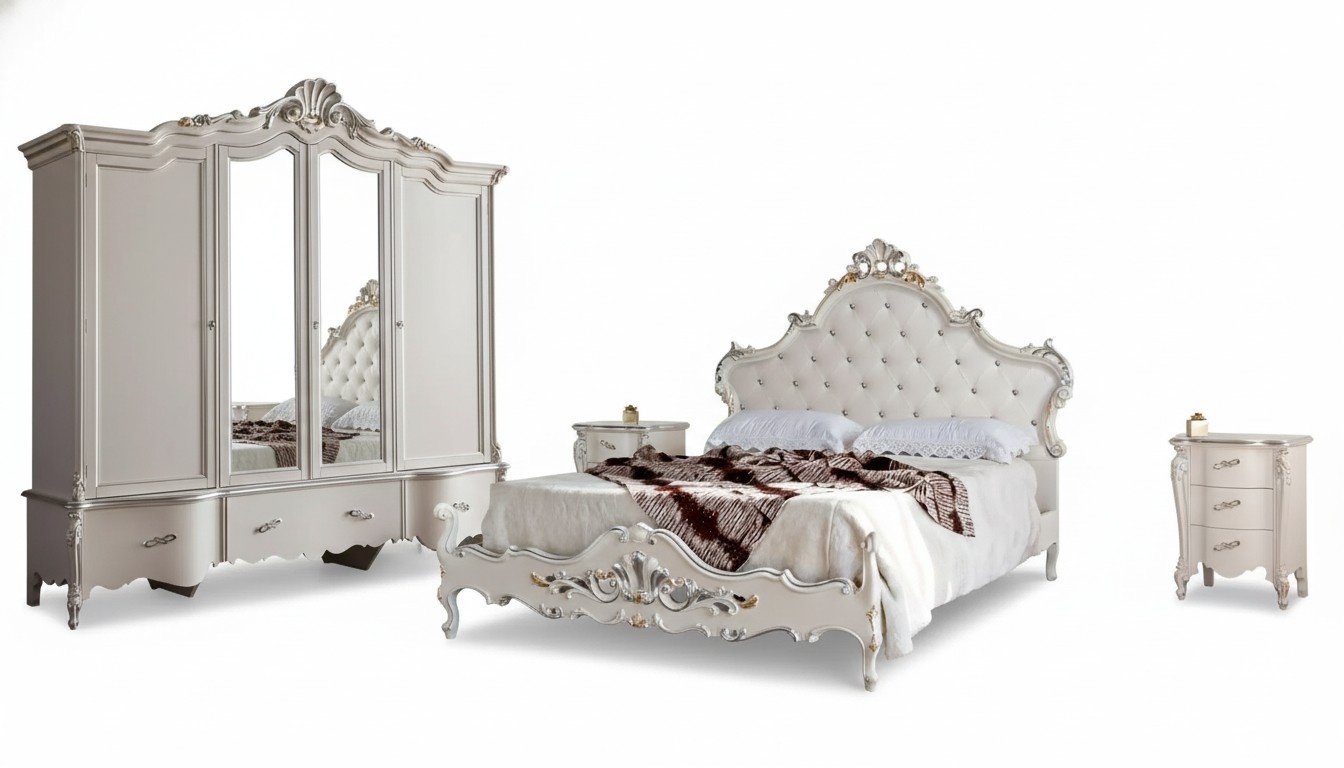 White Bedroom Set Classic Bed 2x Bedside Tables Wardrobe