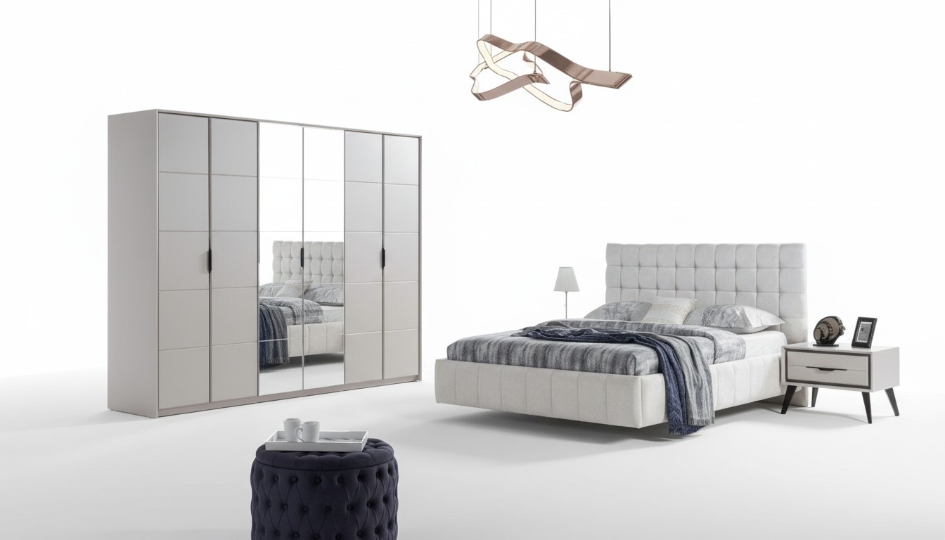 White Bedroom Set Luxury Furniture Upholstered Bed Wood Wardrobe