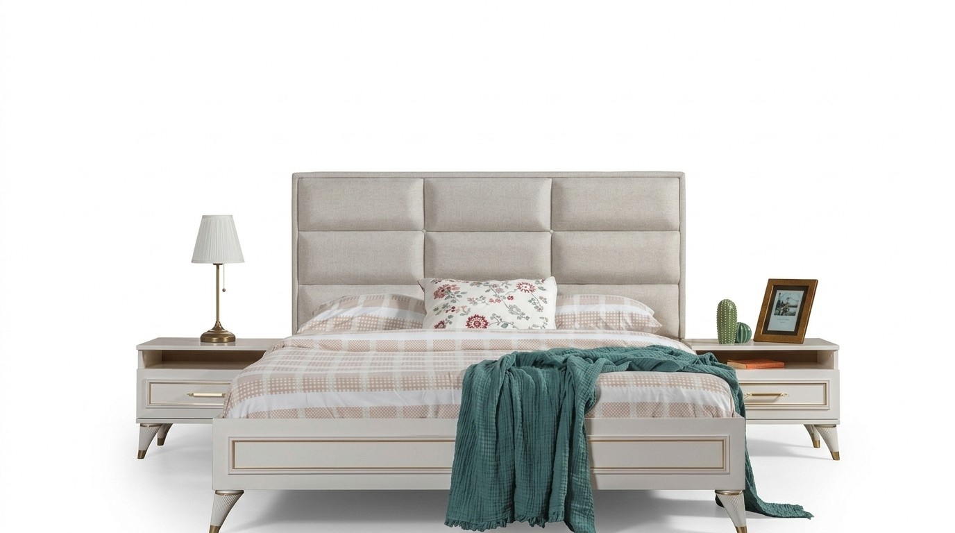 White bedroom set upholstered double bed 2x wooden bedside tables 3 pieces