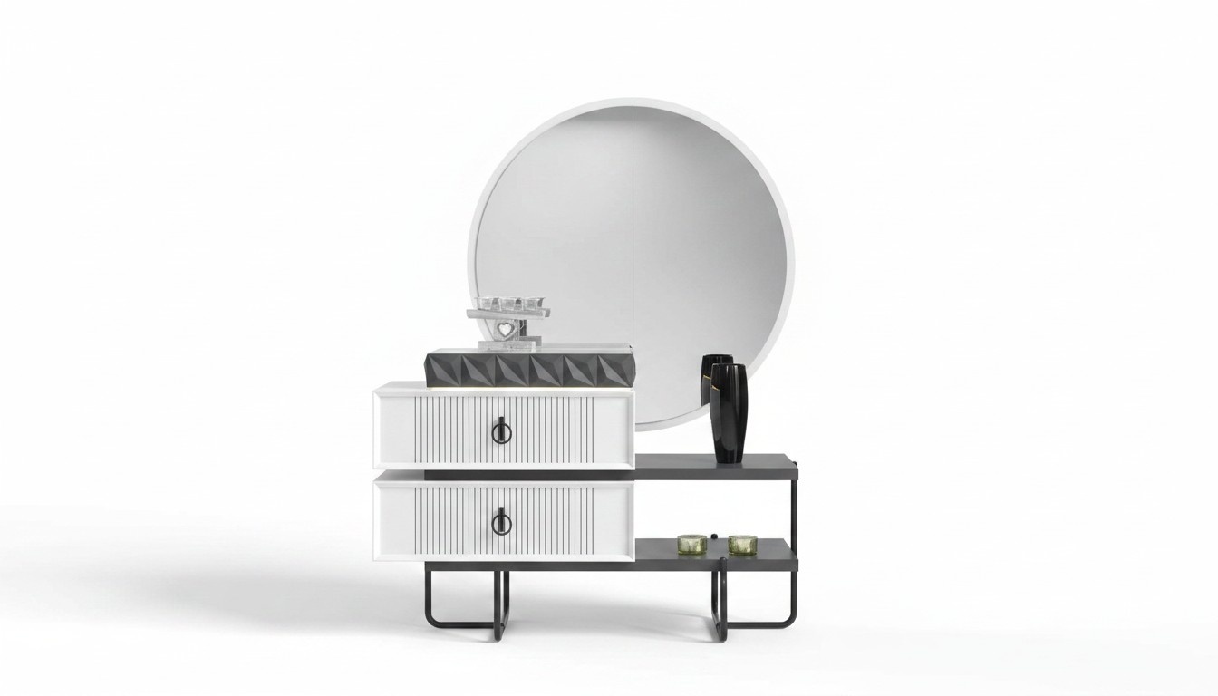 White-Black Dressing Table With Mirror Bedroom Luxury Furniture 2 Pieces