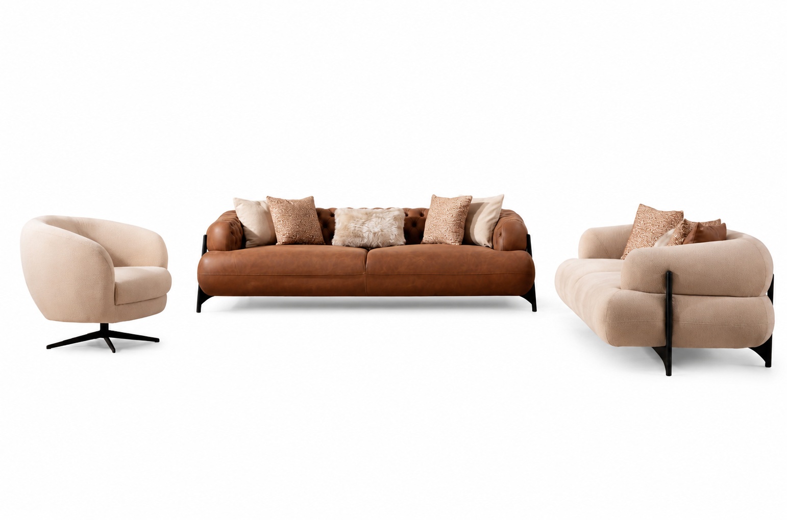 Brown-White Living Room Couch Set Exclusive Three-Seater Sofas Armchairs