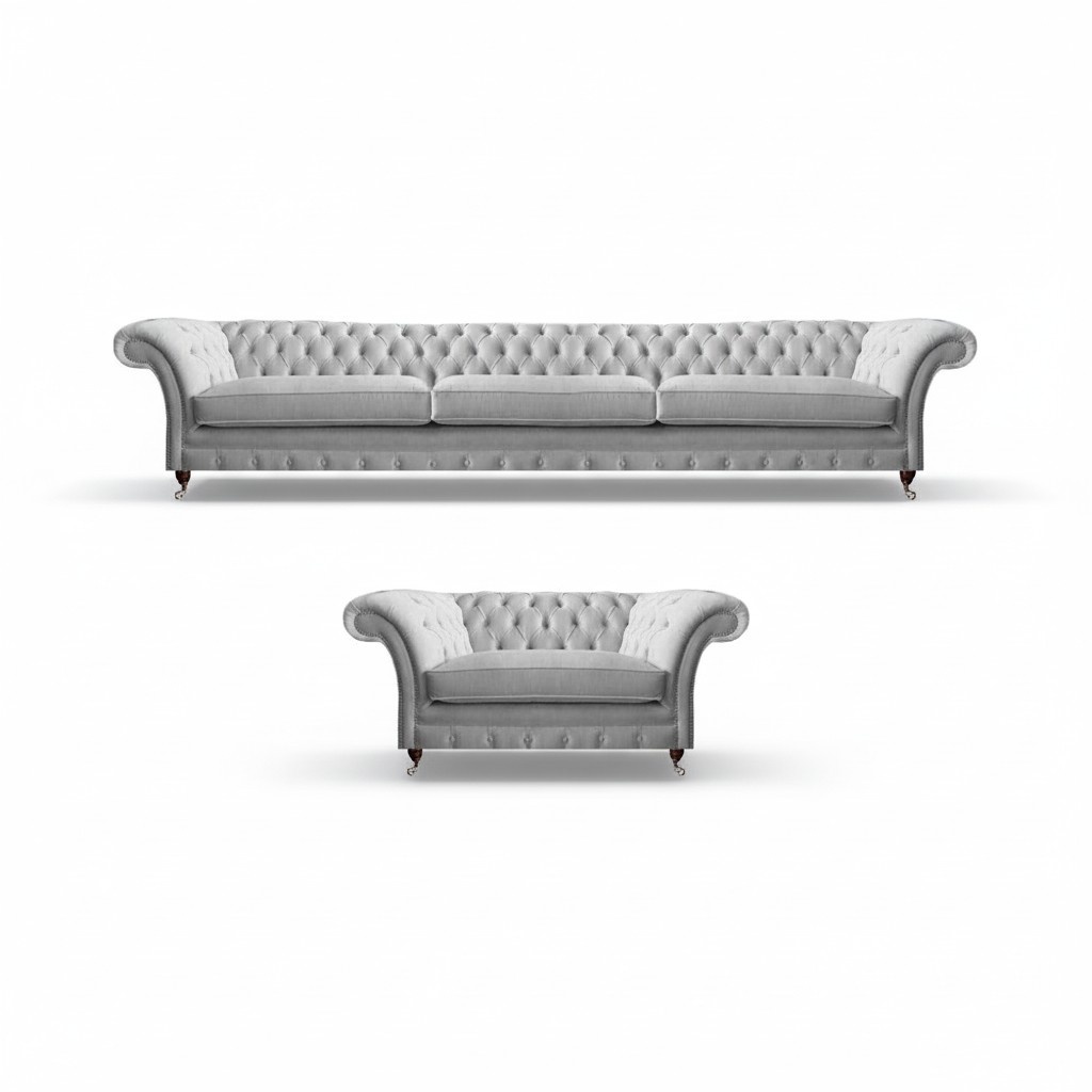 White Chesterfield Three-Seater Luxurious Living Room Upholstered Armchair 2-piece