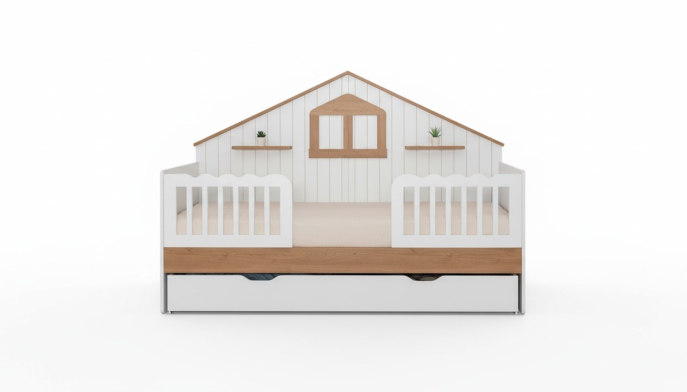 White children\'s house bed Designer wooden bed Robust children\'s room furniture