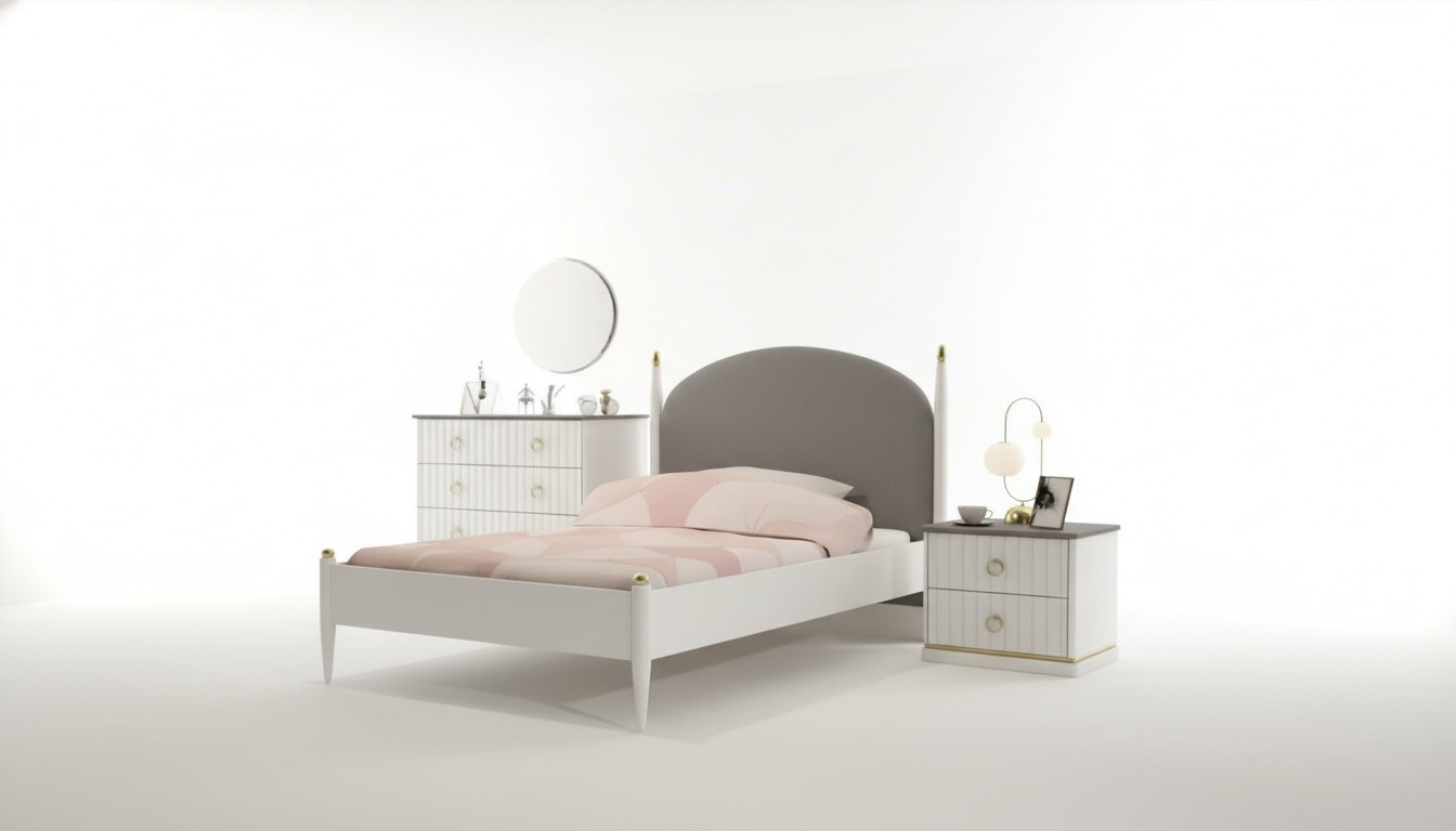 White children\'s room set made of wood with bed, wardrobe, and desk.