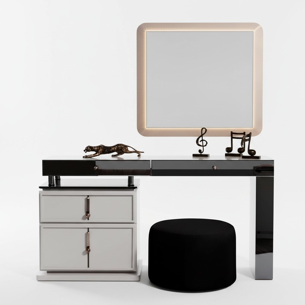 White Dressing Table Designer Rectangular Mirror Upholstered Stool 3pc Set