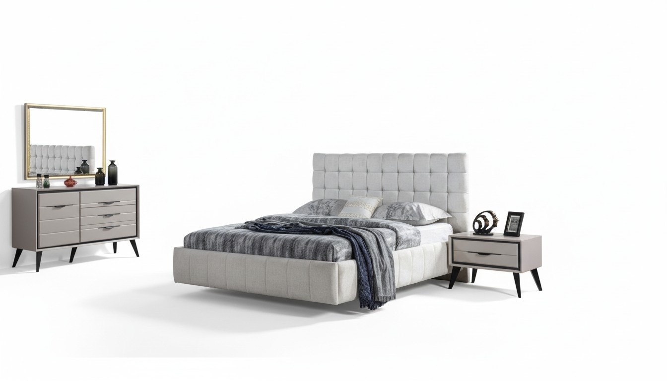 White Exclusive Bedroom Double Bed Designer Bedside Tables Chest of Drawers