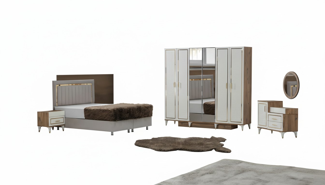 White and gold bedroom set Bed Wardrobe Chest of drawers