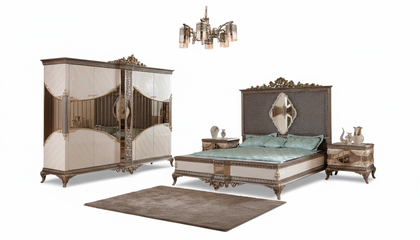 White-Golden Bedroom Suite Double Bed 2 Nightstands Wardrobe Set Bed