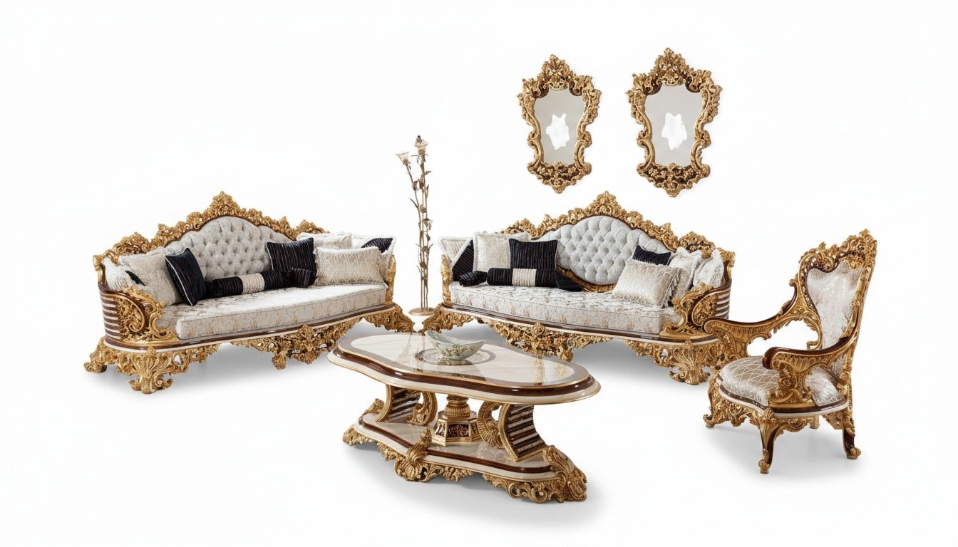 White-Golden Chesterfield Sofa Set 3+3+1 Seat Couch Armchair 3 pieces