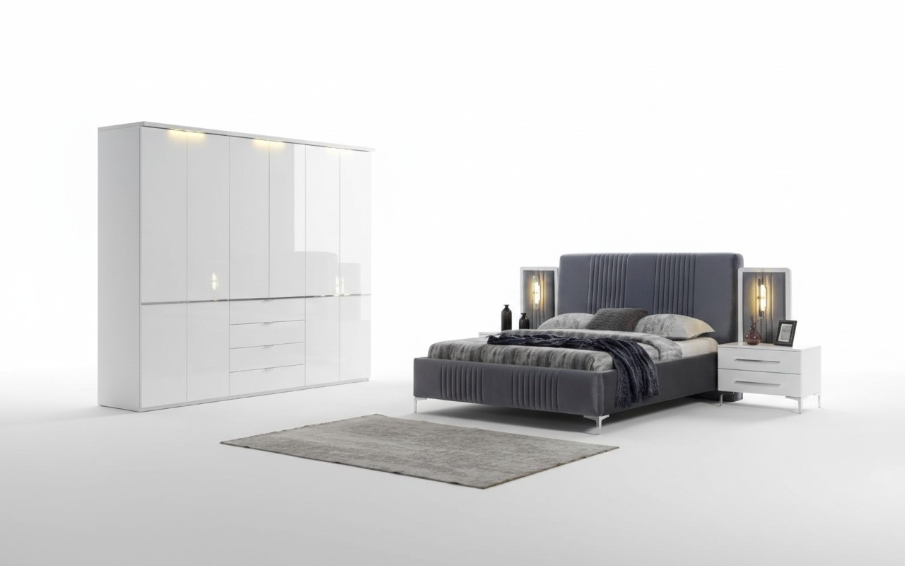 White-grey bedroom furniture textile bed bedside table wardrobe 4 pcs