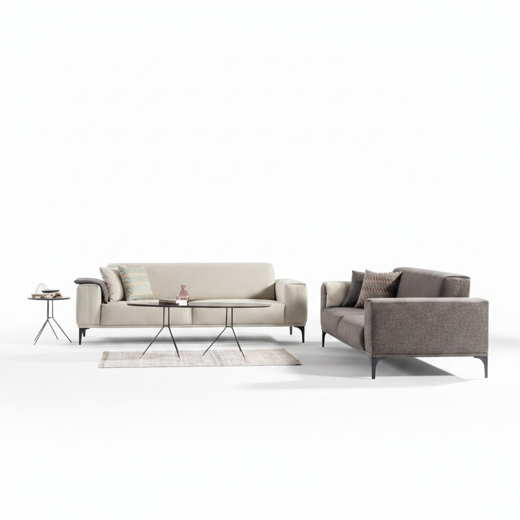 White-Grey Upholstered Sofas Designer Living Room Fabric Couches 2x 3-Seater