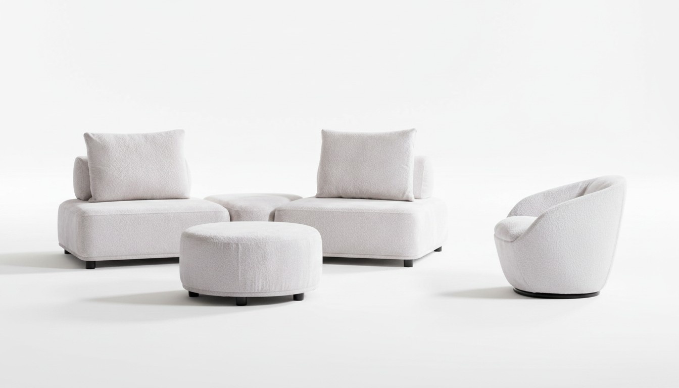 White Living Room Designer Sofa Set Two-Seater Upholstered Armchair Ottoman 3-Piece Set