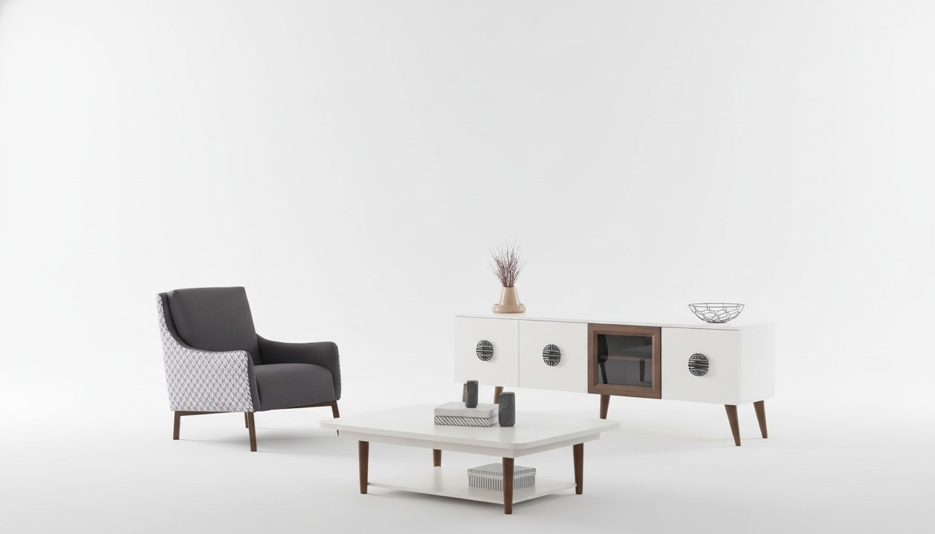 White living room set TV cabinet rectangular coffee table wood furniture