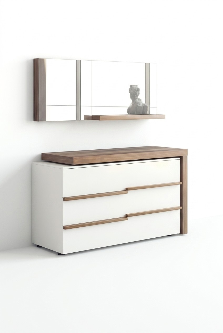 White luxury chest of drawers with mirror Modern walnut natural design New