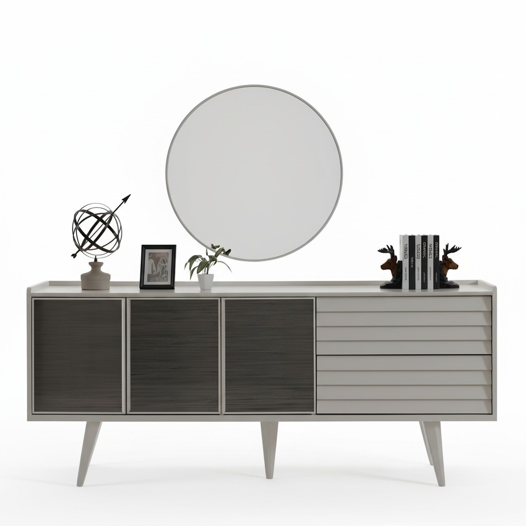 White sideboard Luxurious round mirror Designer wooden furniture 2-piece set New