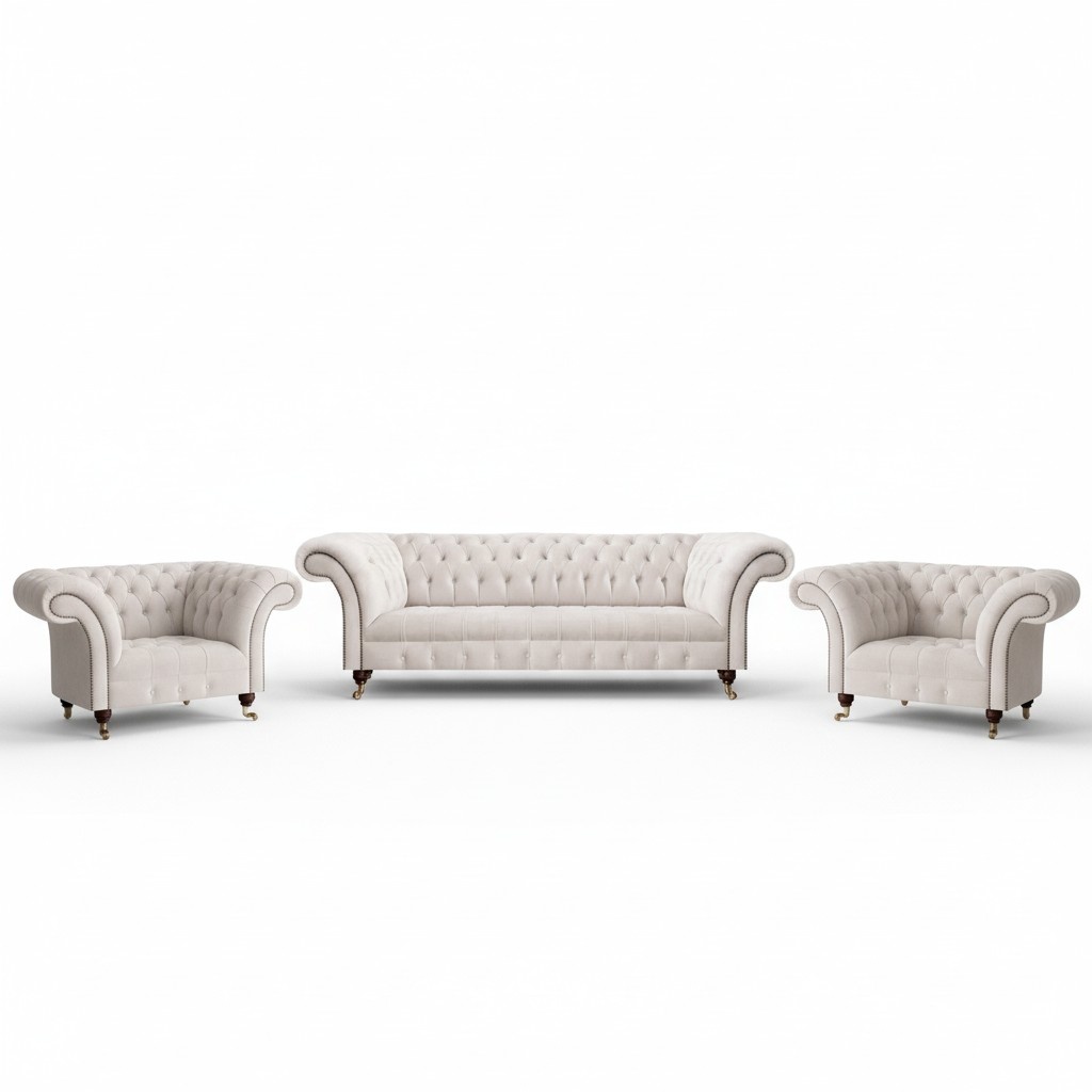 White upholstered furniture sofa set luxury sofas furniture seating armchair Chesterfield