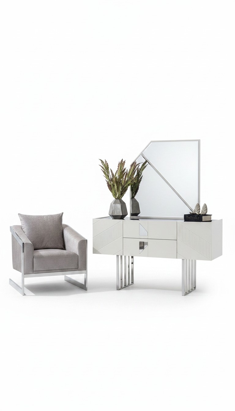 White Makeup Table Bedroom Mirror Designer Wood Set 2-piece