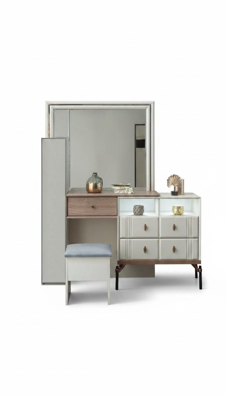 White Dressing Table Glass Mirror Luxurious Stool Modern Furniture