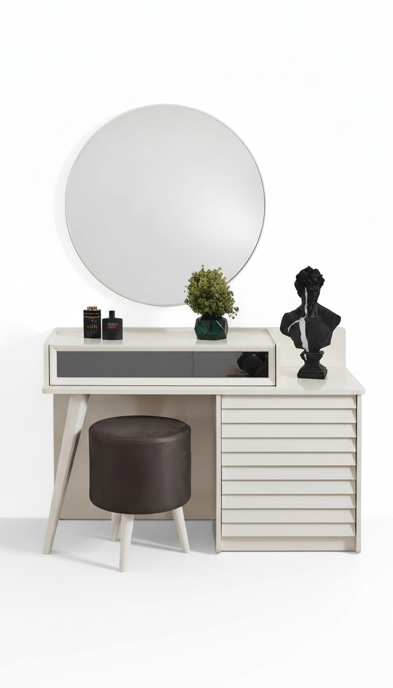 White dressing table with drawers Round armchair Console Luxury upholstered stool 3 pcs