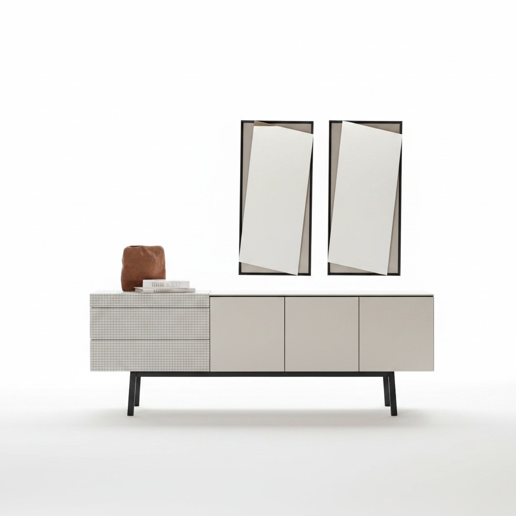 White wooden dining room set with sideboard and mirror, modern.
