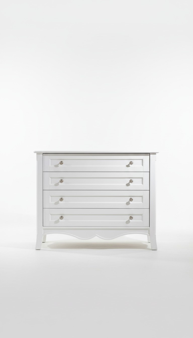 Modern white wooden chest of drawers, elegant storage, timeless design.