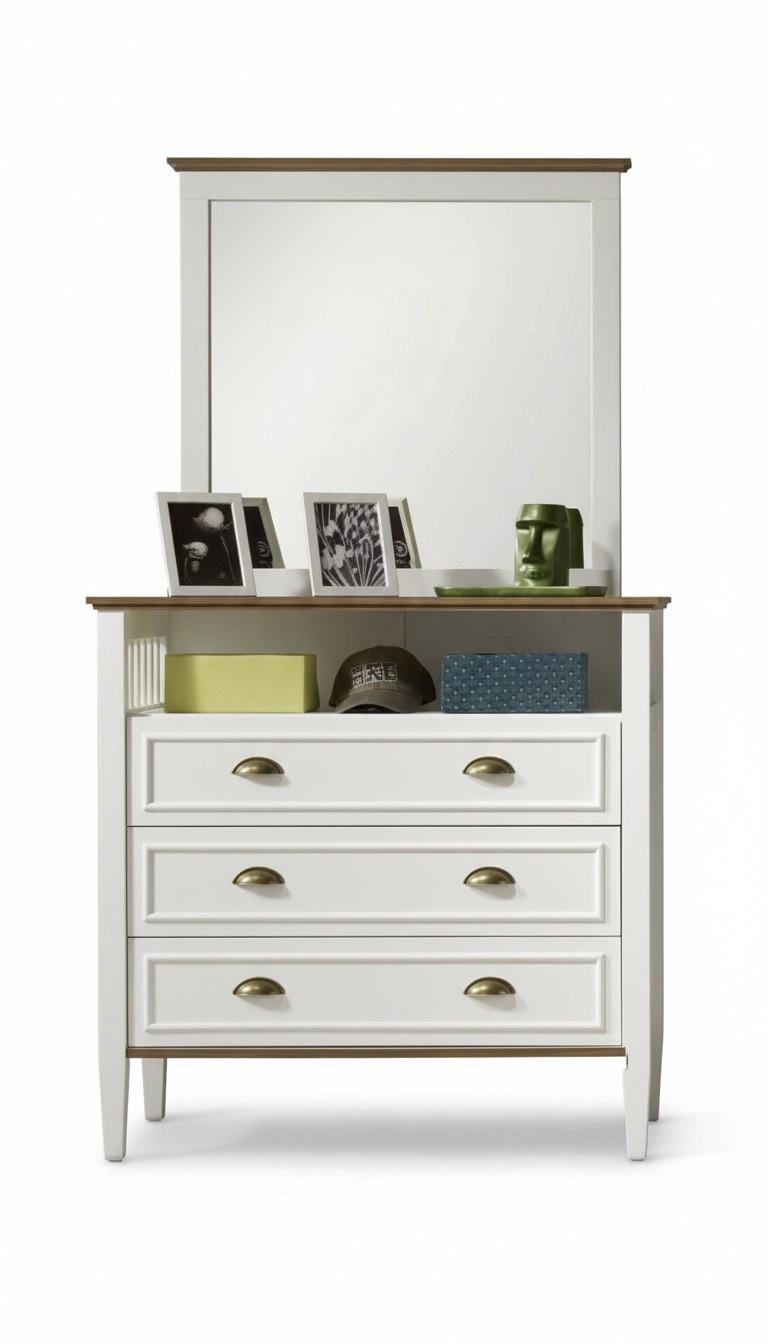 White wooden dresser with mirror, modern and stylish.