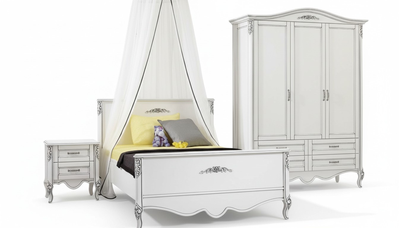 White wooden bed in a modern style