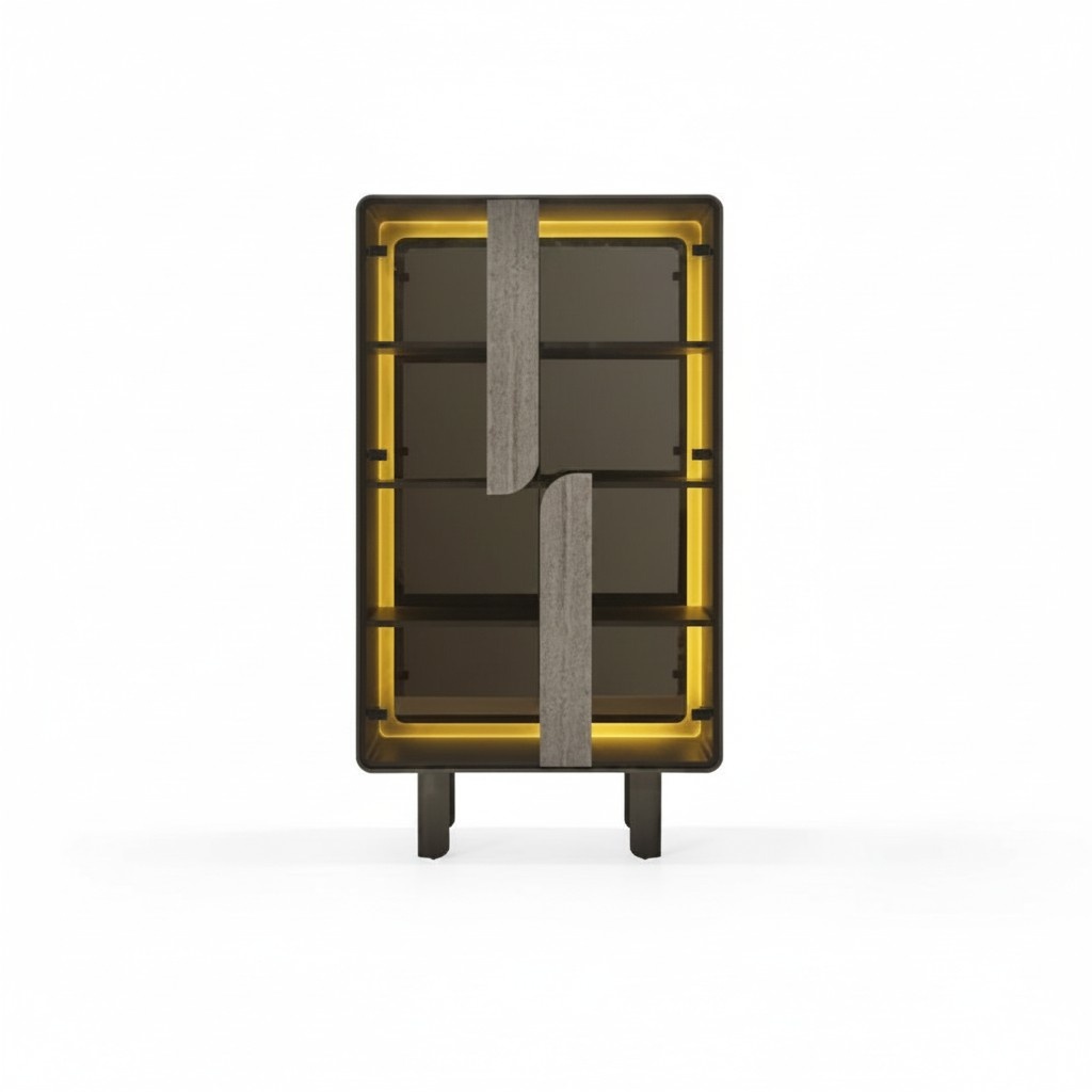 Wooden display cabinet in beige, modern elegant storage cabinet.