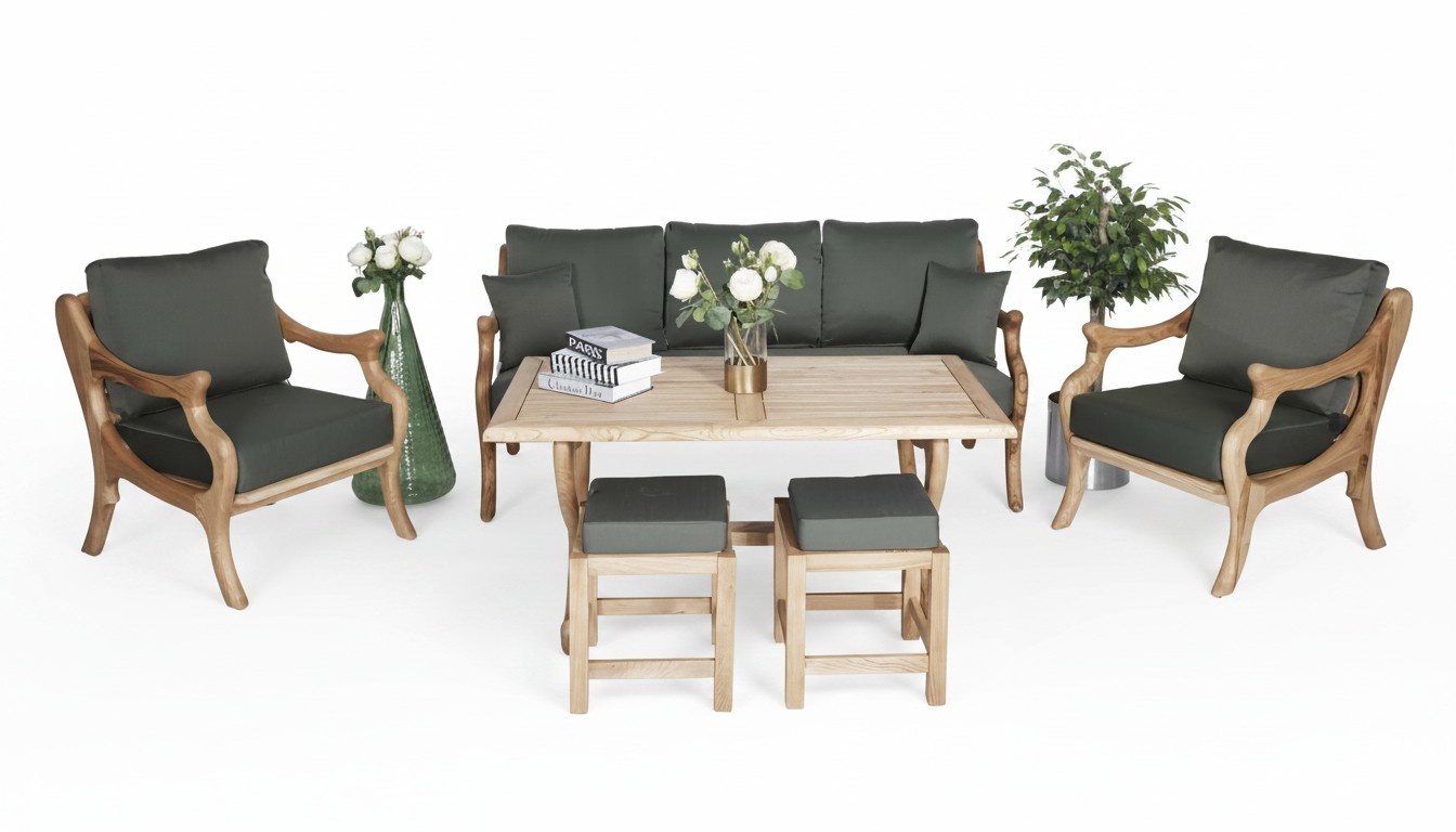 Gray wooden garden furniture sofa set 3+1+1 seat dining table terrace furniture