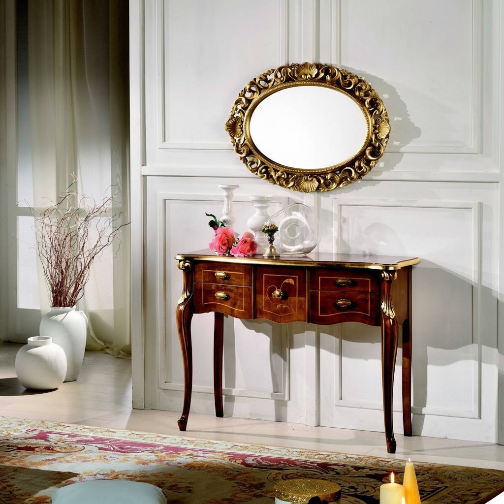 Wood Italian furniture style baroque luxury console table mirror sideboard 2-piece set new