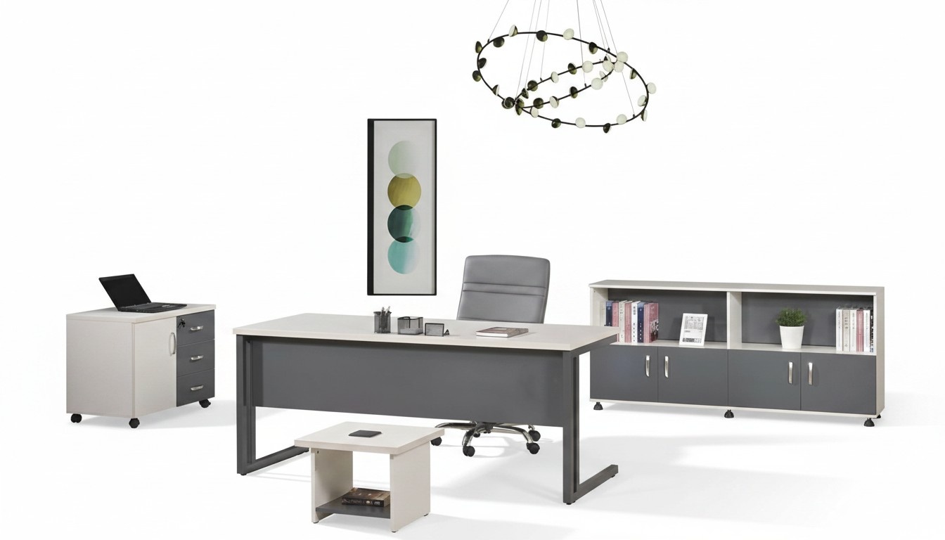 Work desk Office furniture Computer furniture Desk 4-piece wooden set Grey