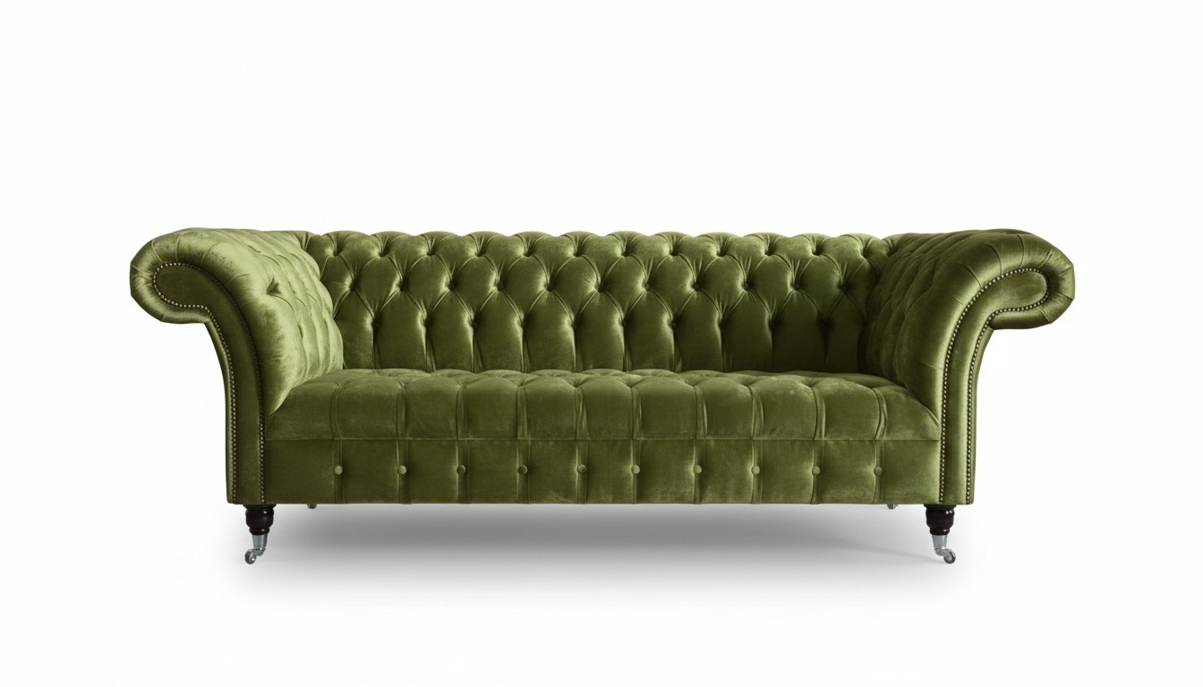 Chesterfield Sofa 3-Seater Textile Velvet Upholstery Green Colour Luxurious Couch on Castors