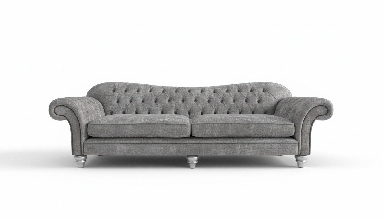 Chesterfield Sofa 4-Seater Comfortable Textile Grey Upholstery Silver Couch New